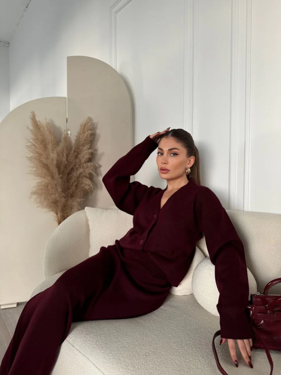 V Yaka 3 Düğmeli Hırka Takım Triko İkili Etekli - Bordo -