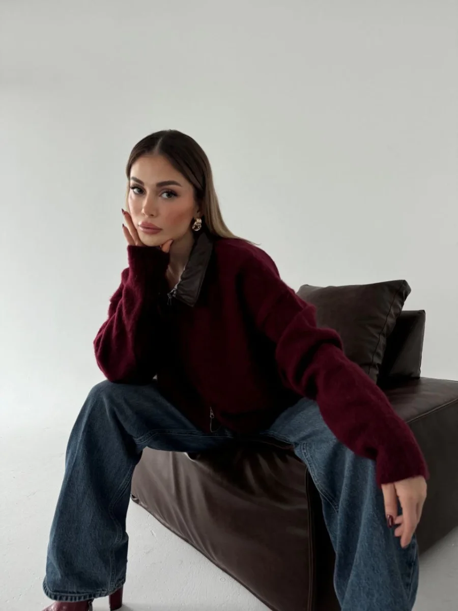 Deri Yakalı Pamuk dokulu Çift Taraflı Çalışan Fermuar Ceket - Bordo -