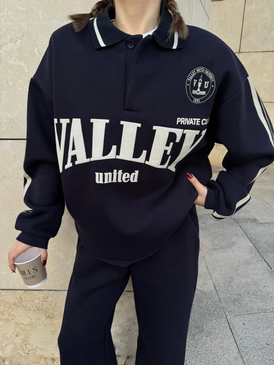 Üç İplik Yakalı Sweat Baggy Pantalonlu Takım - Siyah -