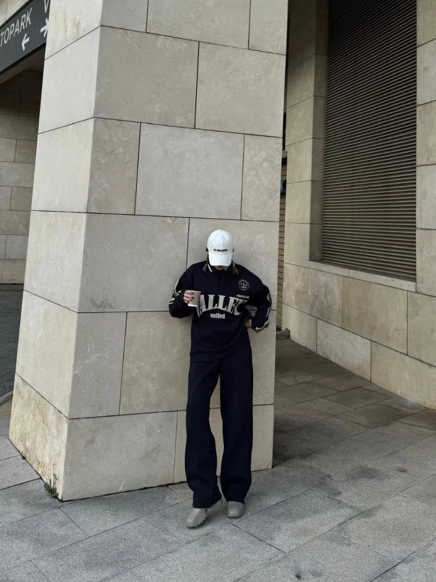 Üç İplik Yakalı Sweat Baggy Pantalonlu Takım - Siyah -