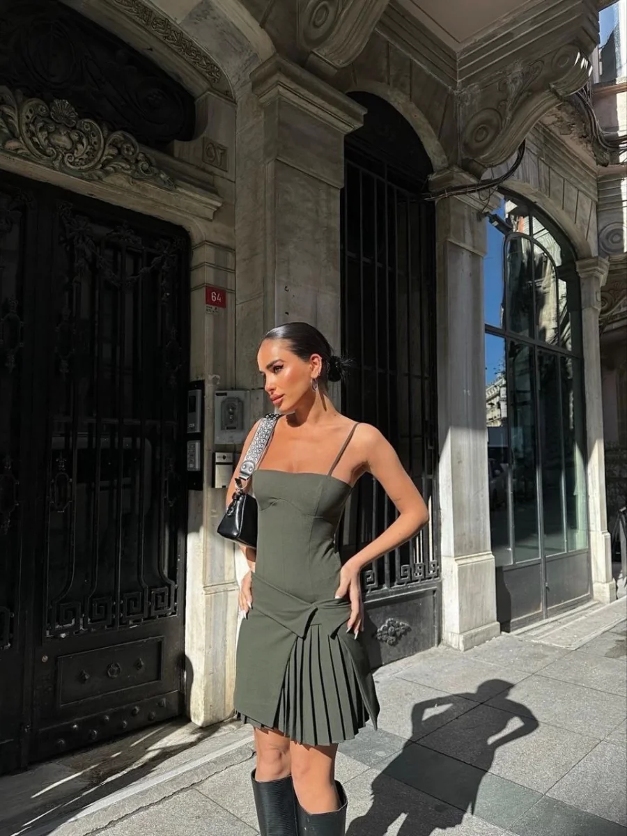 İki Parçalı Pileli Askılı   Mini Elbise - Haki -