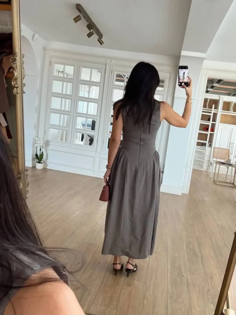 Kolsuz Uzun Kabardin Elbise - Gri -