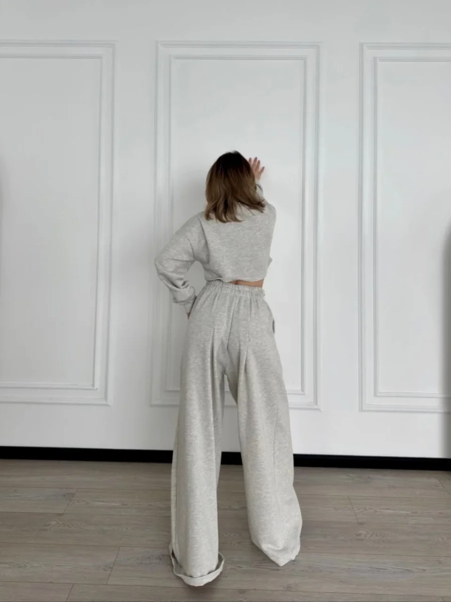 Uzun Kollu Önü İp Büzgülü Crop ve Pantolon İkili Takım - Gri -