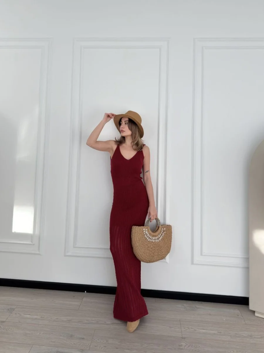 Örgülü Uzun Triko Elbise - Bordo -