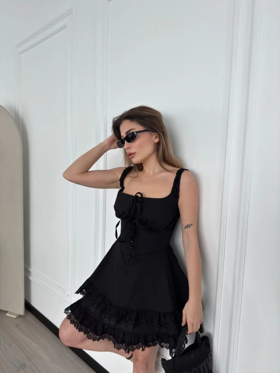 Mini Askılı Elbise - Siyah -