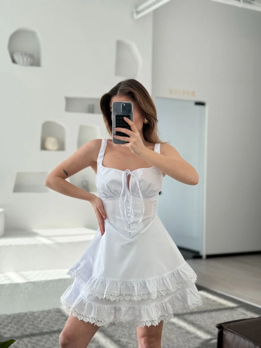 Mini Askılı Elbise - Beyaz -