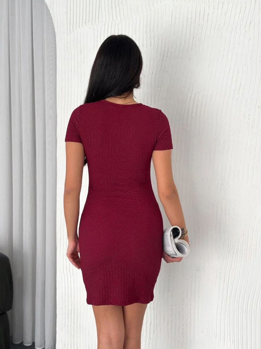 Bisiklet Yaka Kısa Kol Likralı Elbise - Bordo -
