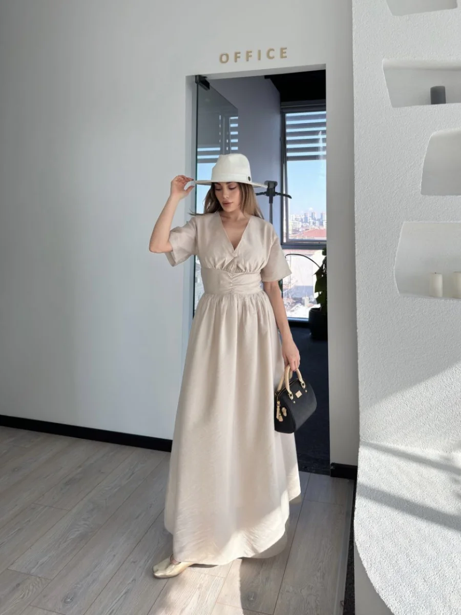 Kısa Kollu Uzun Elbise - Kırık Beyaz -