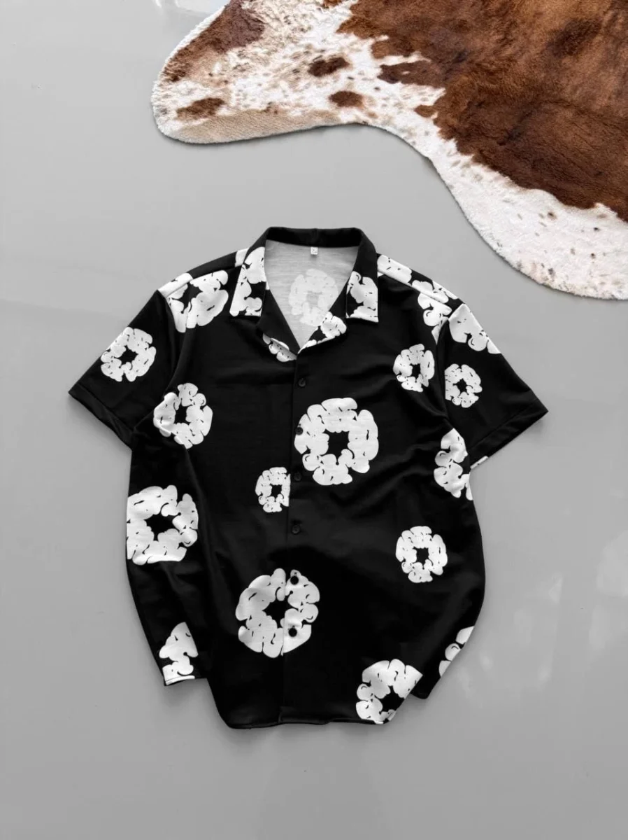 İki İplik Kumaş Baskılı Gömlek - Siyah -