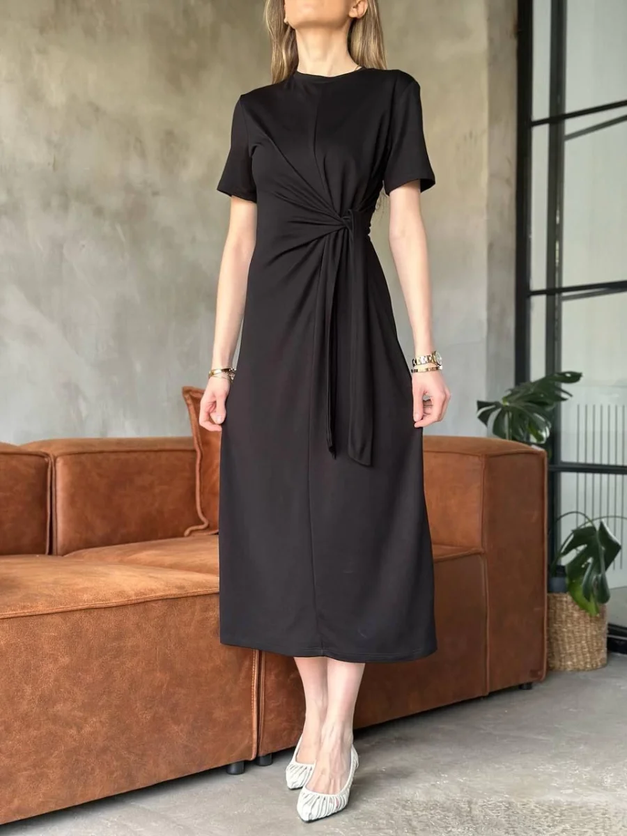 Osy Modal Yumuşak Dokulu Kumaş Yandan Bağlamalı Elbise - Siyah -