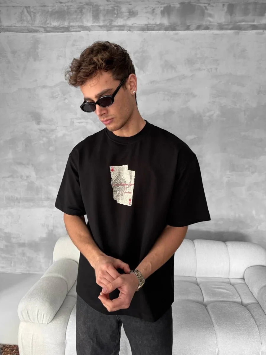 Ön ve Arka Baskılı Oversize Bisiklet Yaka T-shirt - Siyah -