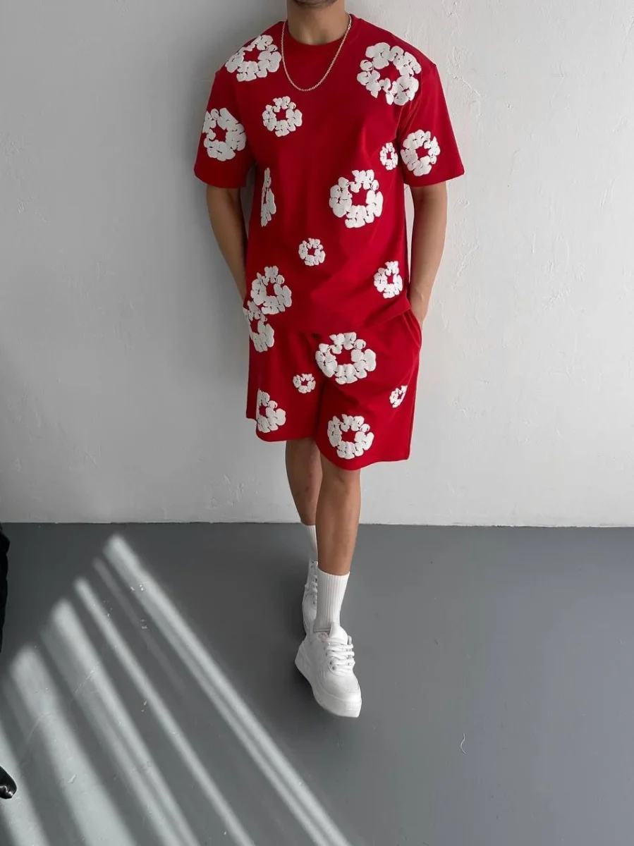 İki İplik Kumaş Baskılı T-shirt Şortlu Takım- Kırmızı -