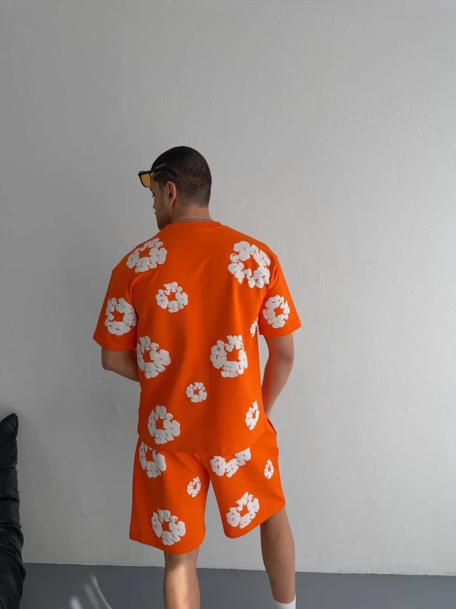 İki İplik Kumaş Baskılı T-shirt Şortlu Takım- Turuncu -