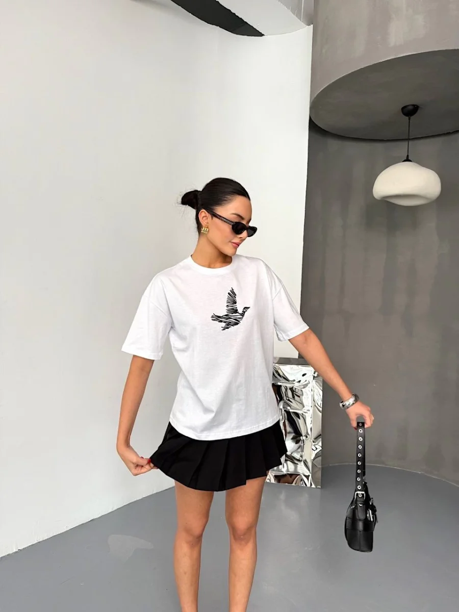 Kısa Kol Baskılı T-shirt - Beyaz -