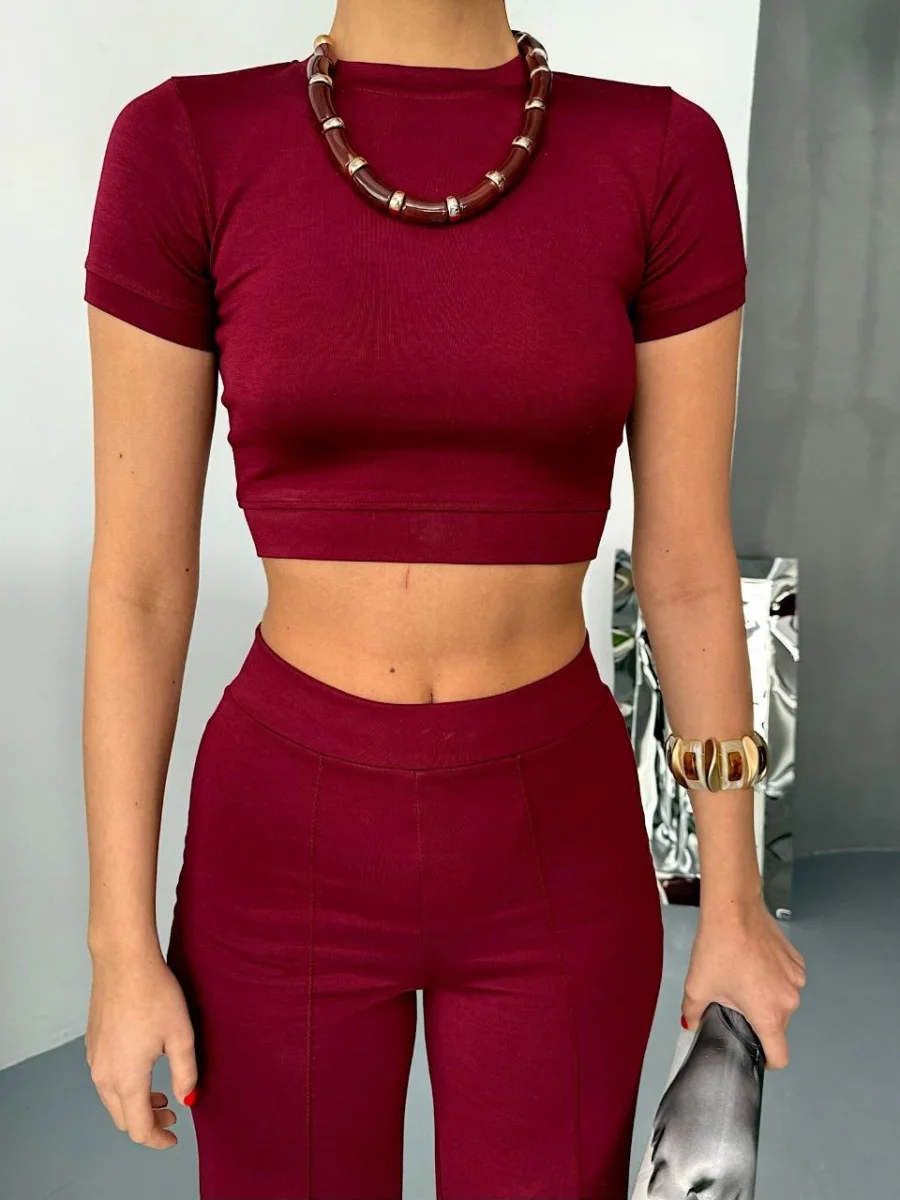 Osy Modal Yumuşak Dokulu Kumaş Kısa Kollu Crop Alt ispanyol Paça Pantalon ikili Takım - Bordo -