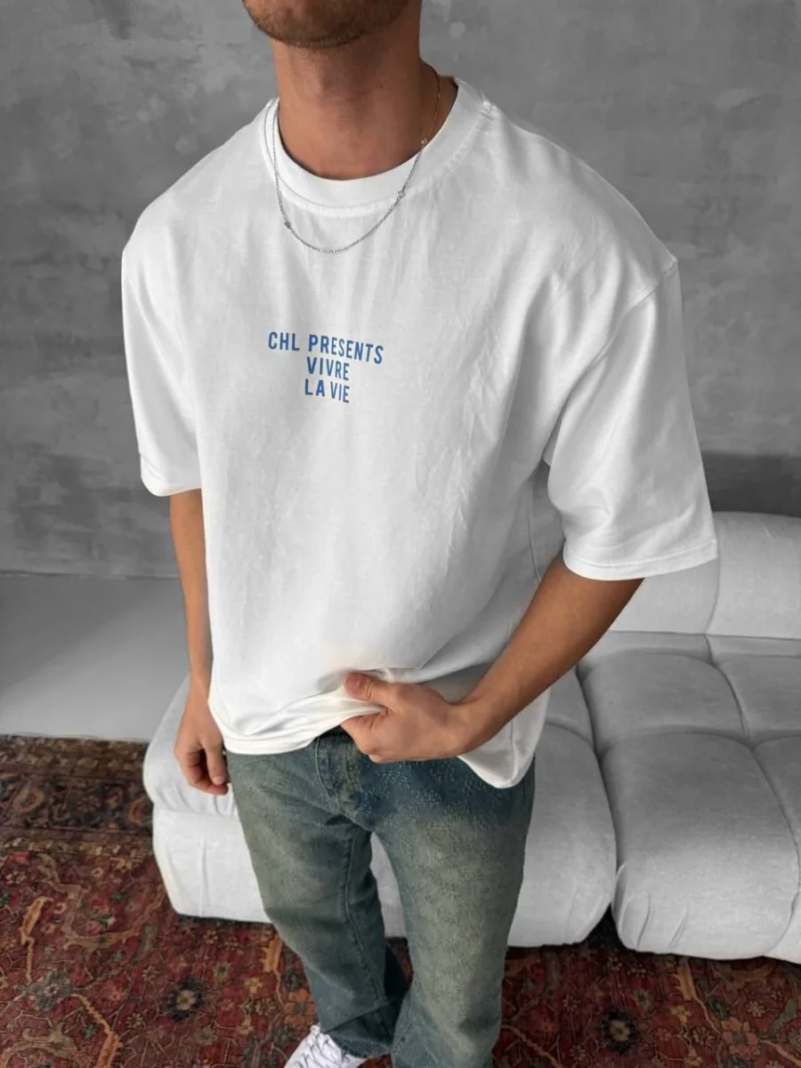 Ön ve Arka Baskılı Oversize Bisiklet Yaka T-shirt- Beyaz -