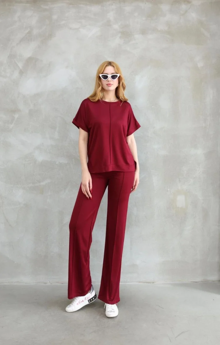 Osy Modal Yumuşak dokulu Kumaş Bisiklet Yaka Kısa Kollu Takım - Bordo -