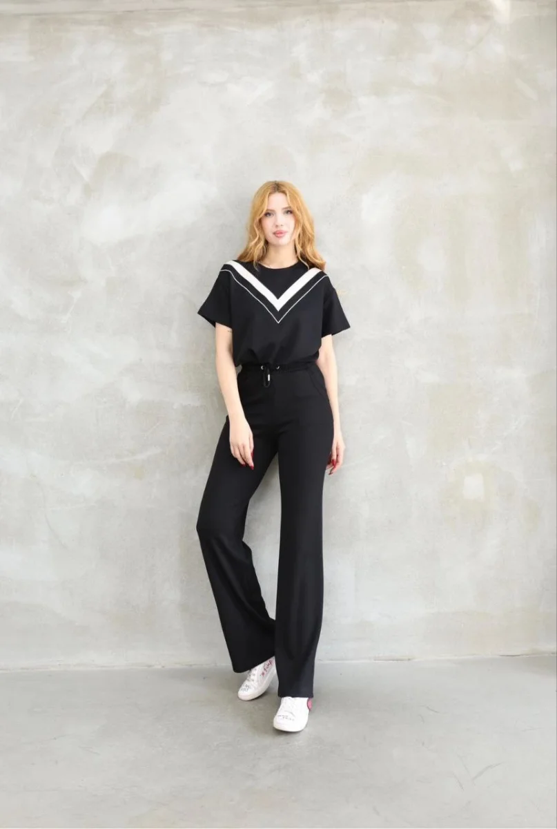 Osy Modal Yumuşak dokulu Kumaş Bisiklet Yaka Parçalı detaylı Kısa Kollu Takım - Siyah -