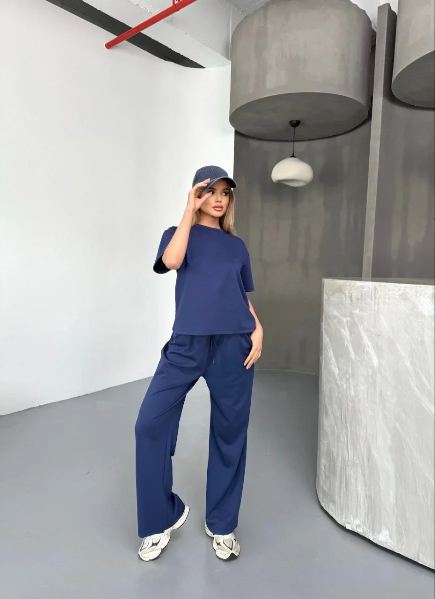 Osy Modal Yumuşak Dokulu Kumaş Kısa Kollu Bluz Rahat Pantalon ikili Takım- Lacivert -