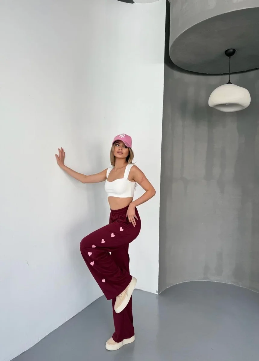 Osy Modal Yumuşak Dokulu Kumaş Nakış işlemeli Rahat Bol Paça Eşofman Pantalon - Bordo -