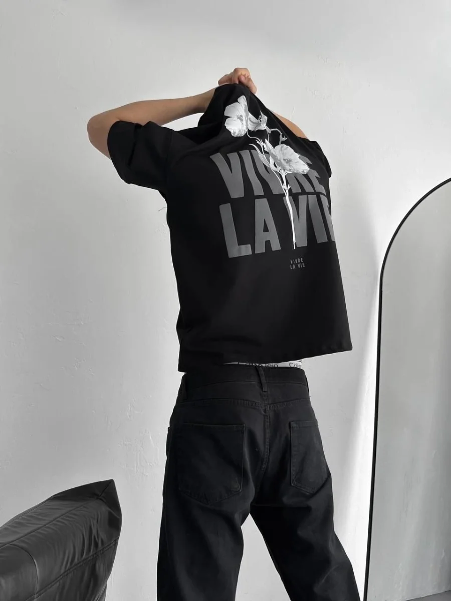 Baskılı Oversize Bisiklet Yaka T-shirt - Siyah -