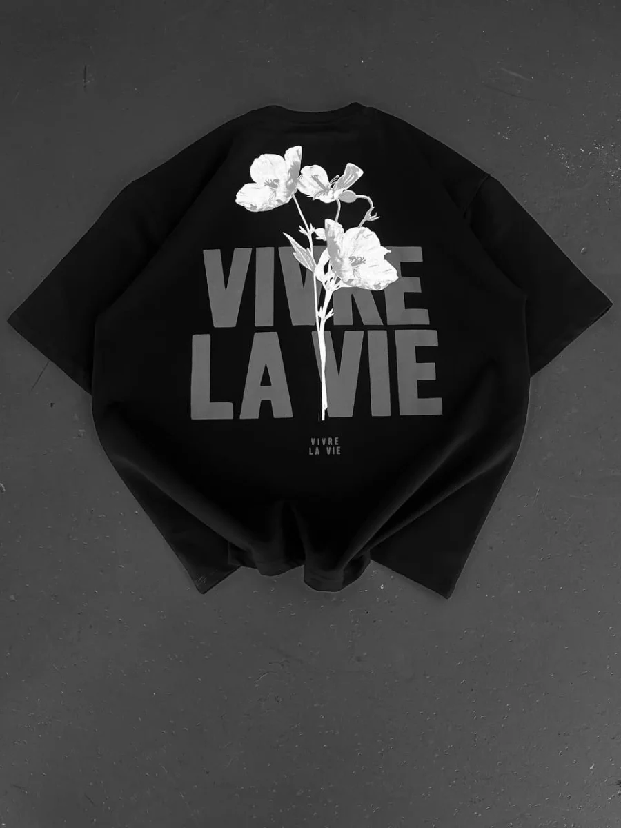 Baskılı Oversize Bisiklet Yaka T-shirt - Siyah -