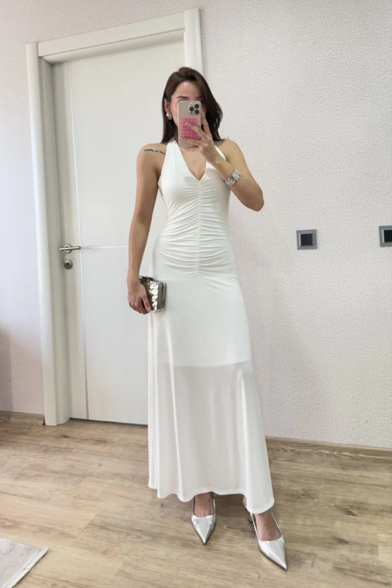 Sırt dekolteli Uzun Elbise - Beyaz -