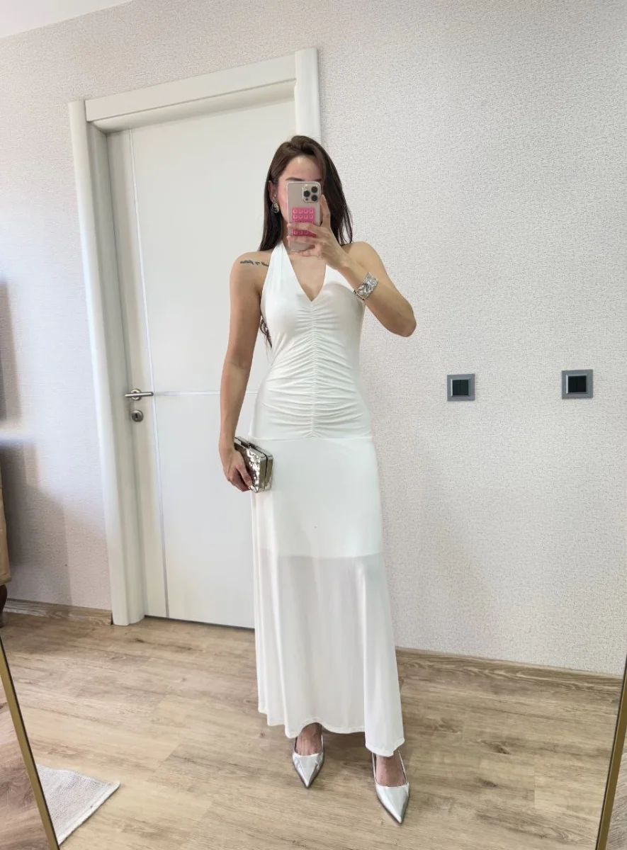 Sırt dekolteli Uzun Elbise - Beyaz -