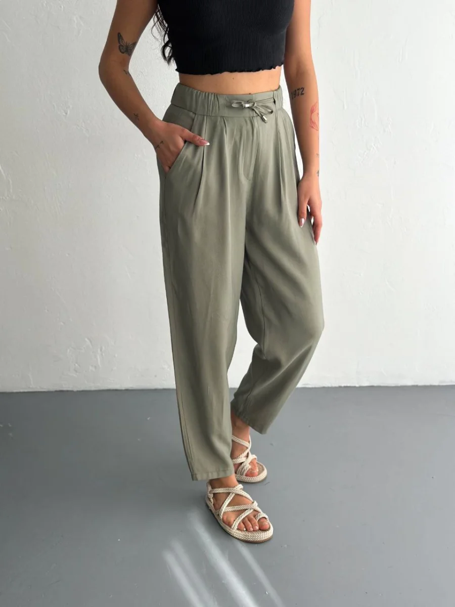 Yüksel Bel Beli Bağcıklı Cepli Rahat Paça Pantalon - Su Yeşili -