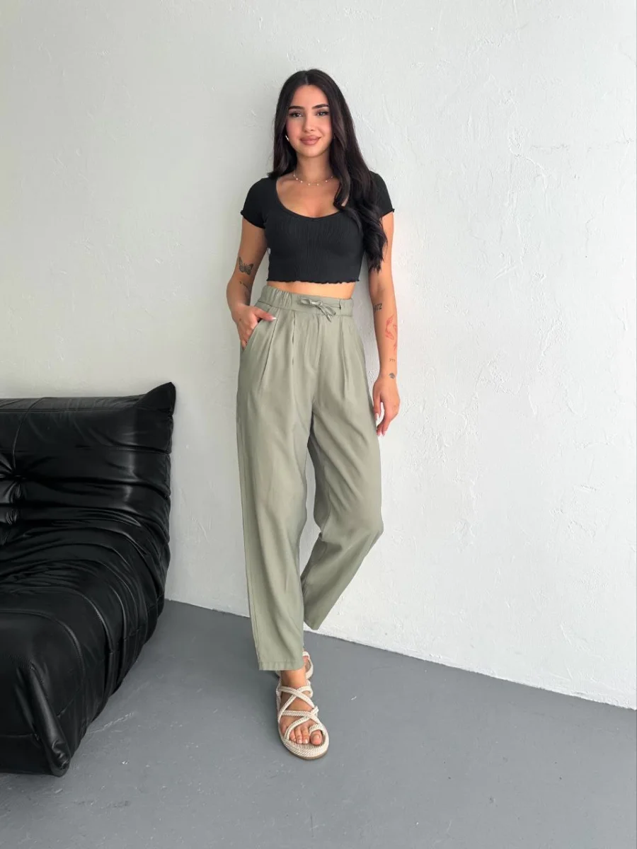 Yüksel Bel Beli Bağcıklı Cepli Rahat Paça Pantalon - Su Yeşili -