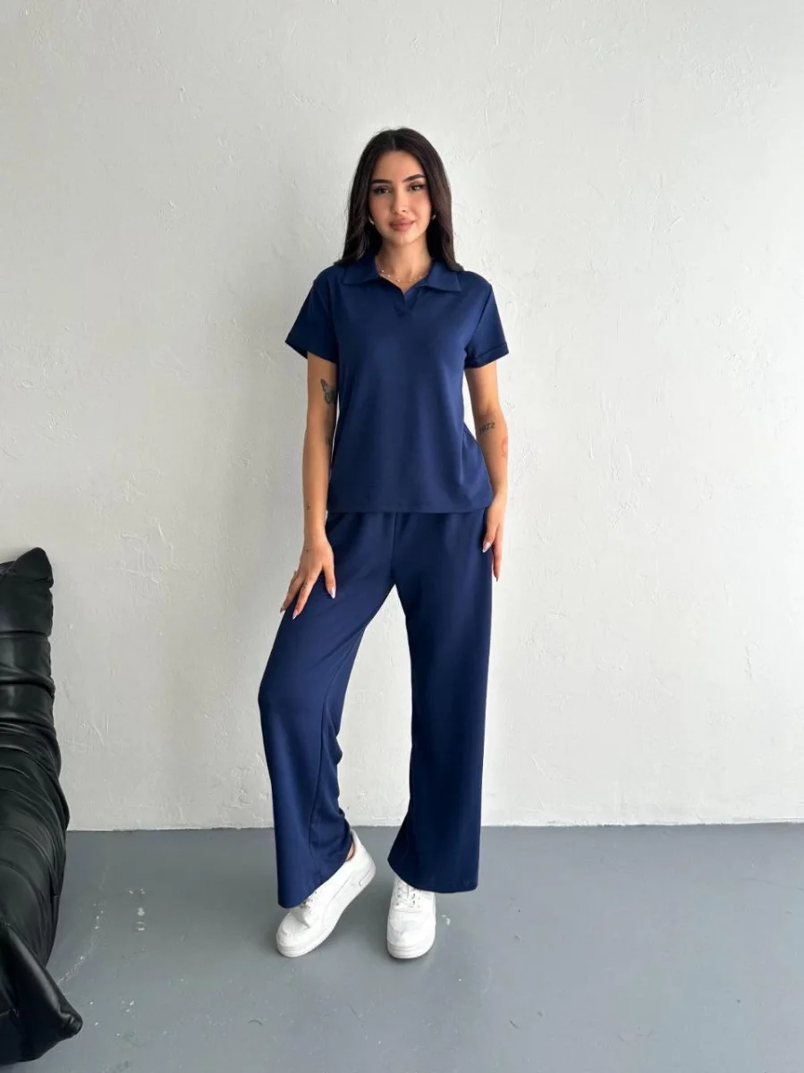 Osy Modal Yumuşak Dokulu Kumaş Kısa Kollu Yakalı T-shirt Pantalon ikili Takım- Lacivert -