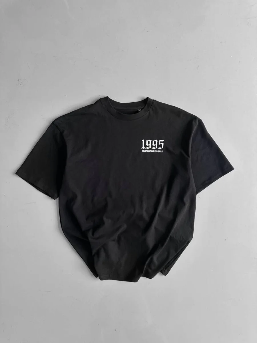 20/1 Penye Compack Baskılı Oversize Bisiklet Yaka Kısa Kol Yazlık T-shirt - Siyah -