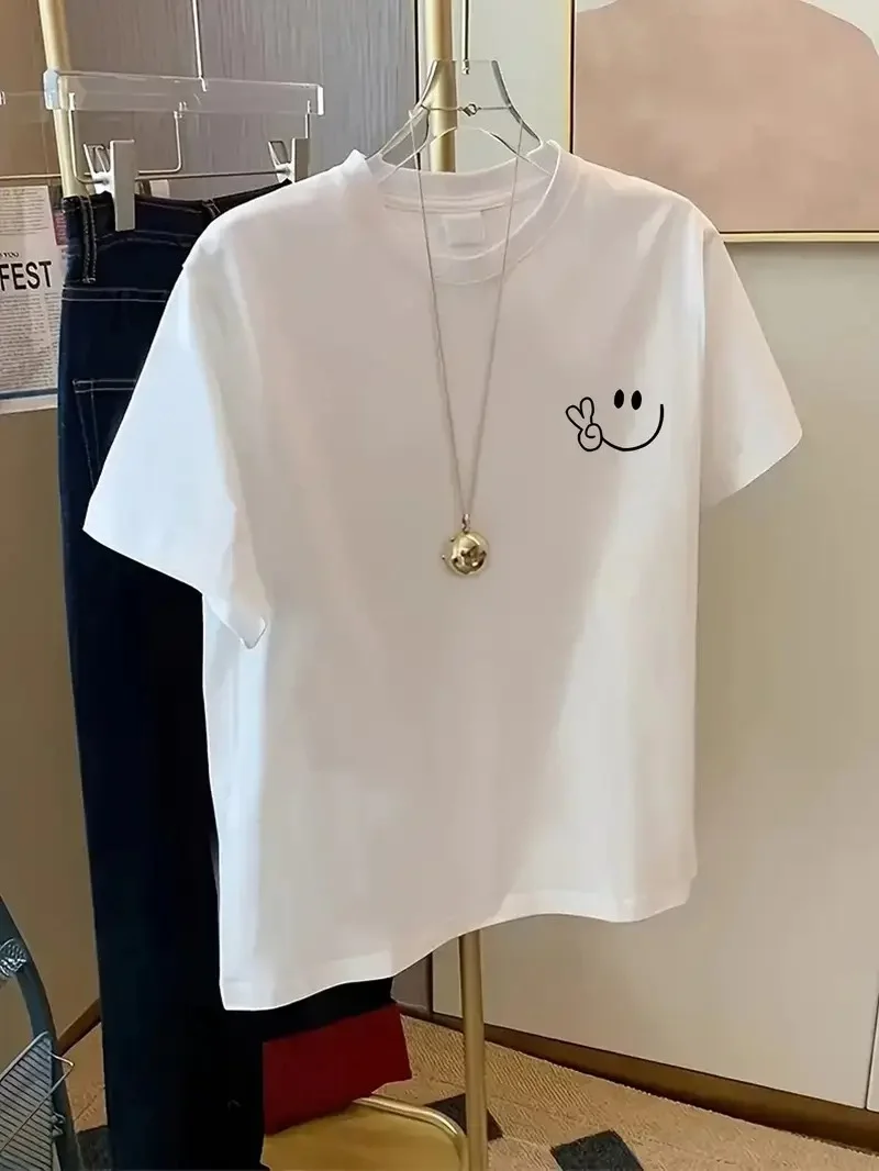 20/1 Penye Compack Gülücük Baskılı Oversize Bisiklet Yaka Kısa Kol Yazlık T-shirt - Beyaz -