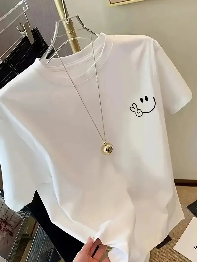 20/1 Penye Compack Gülücük Baskılı Oversize Bisiklet Yaka Kısa Kol Yazlık T-shirt - Beyaz -