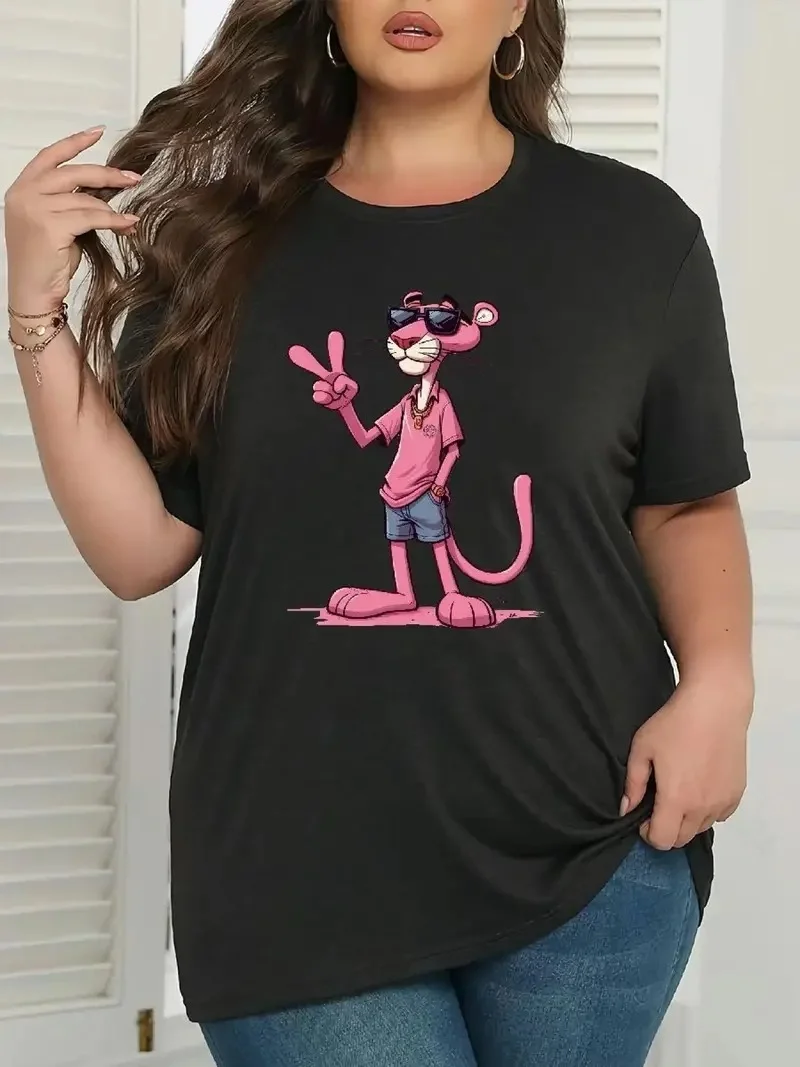 20/1 Penye Compack Pembe Panter Baskılı Oversize Bisiklet Yaka Kısa Kol Yazlık T-shirt - Beyaz -