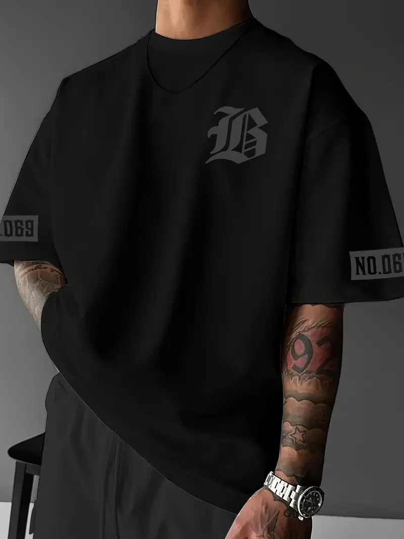 LB Ön Arka Baskılı Oversize Bisiklet Yaka Yazlık T-shirt - Siyah -