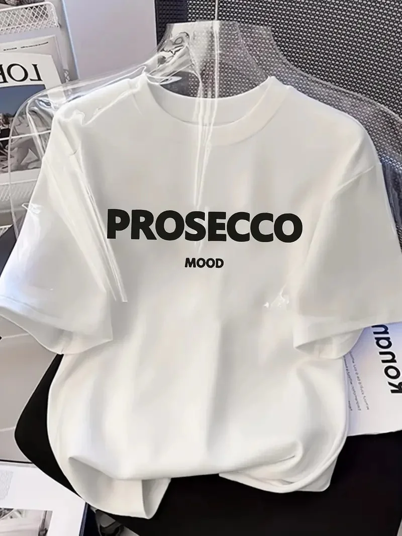 20/1 Penye Compack Baskılı Oversize Kısa Kol Bisiklet Yaka T-shirt - Beyaz -