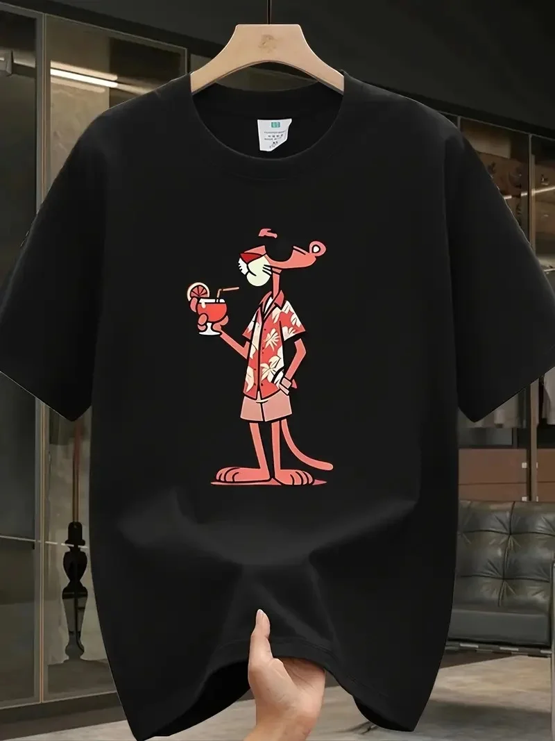 Pembe Panter Baskılı   Oversize Günlük Kısa Kollu Tişört- Siyah -