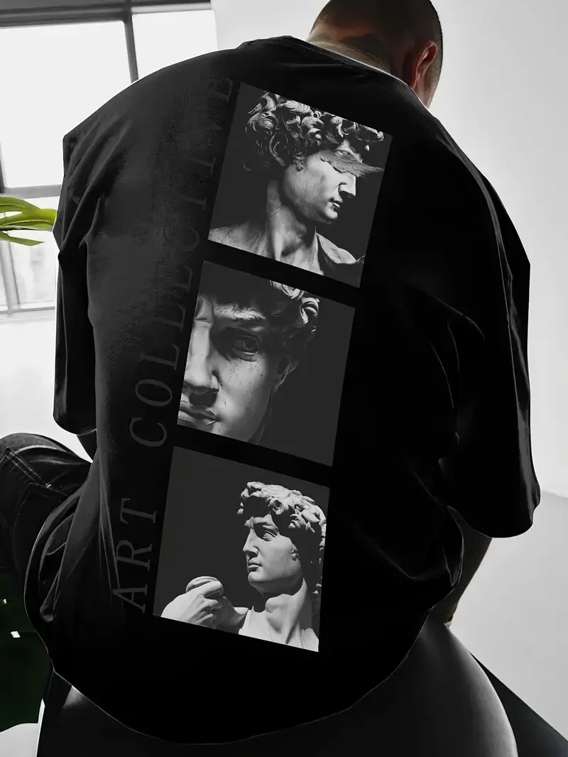 Benzersiz Sırt Baskılı   Sokak Stili Bol Tişört -Siyah -