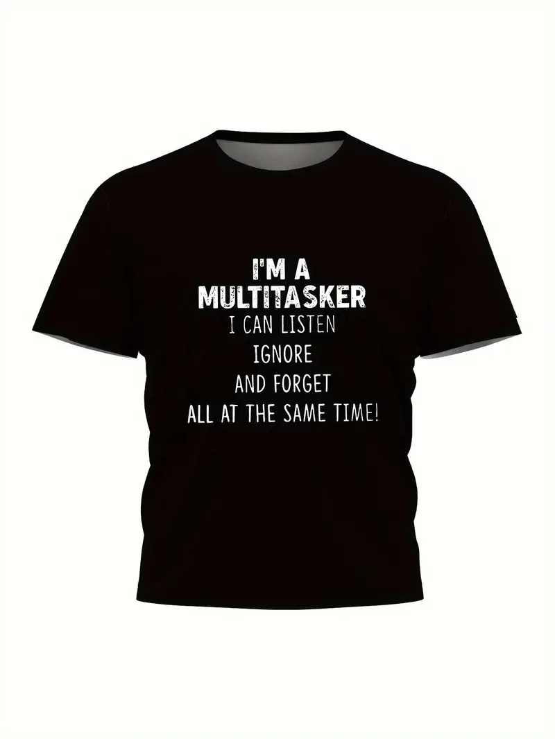 Komik 'Multitasker' Baskılı Tişört, Günlük Kısa Kollu Oversize Tişört,- Siyah -