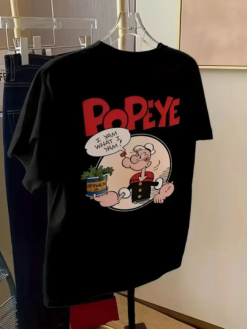Oversize Tişörtü Popeye the Sailor Retro Vintage Ispanak - Siyah -