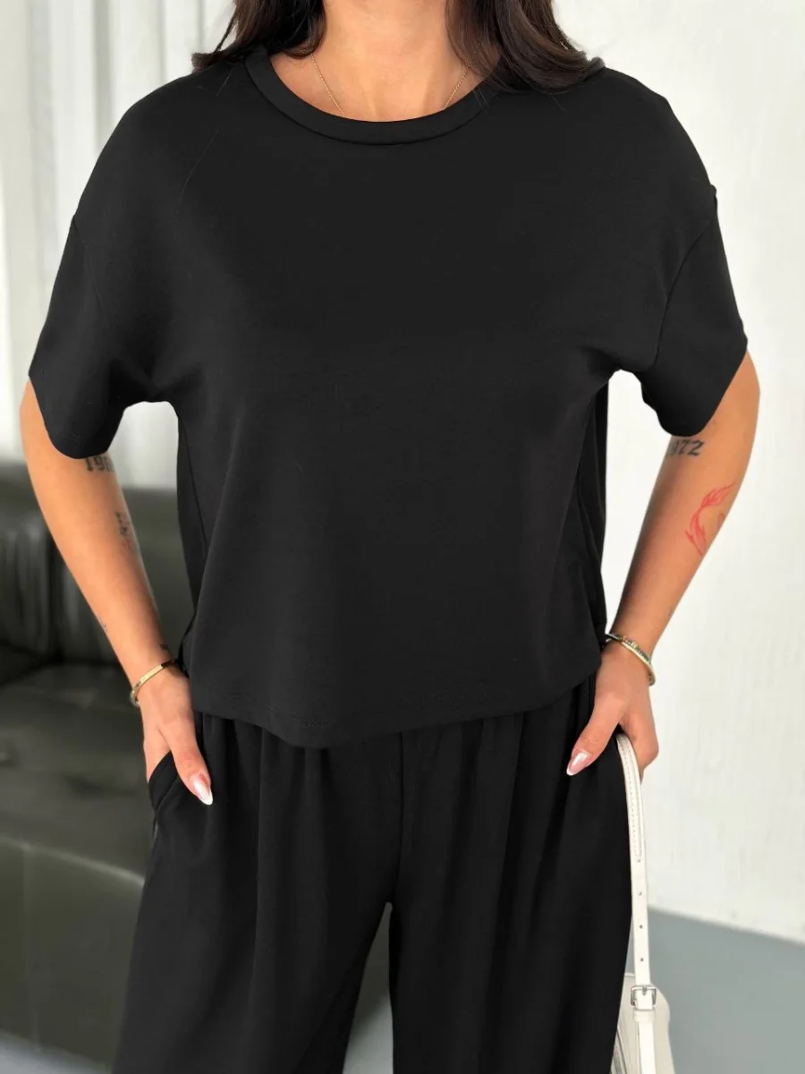 Osy Modal Yumuşak Dokulu Kumaş Bisiklet Yaka T-shirt Bol paça Pantalon ikili Takım -Siyah -