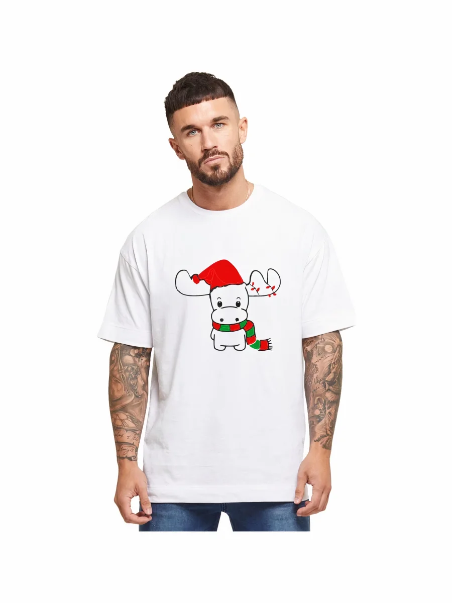 Ren Geyiği baskılı Noel İçin T-shirt - Beyaz -