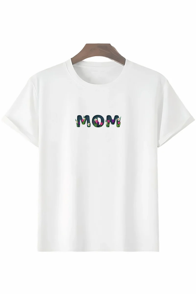 Anneler Gününe Özel Tasarım mom Çiçek Baskılı T-shirt - Beyaz -