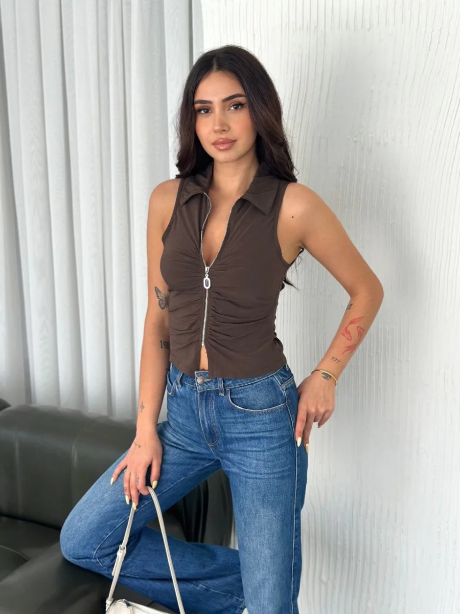 Yakalı Tam Fermuarlı Kolsuz Bluz - Kahverengi -