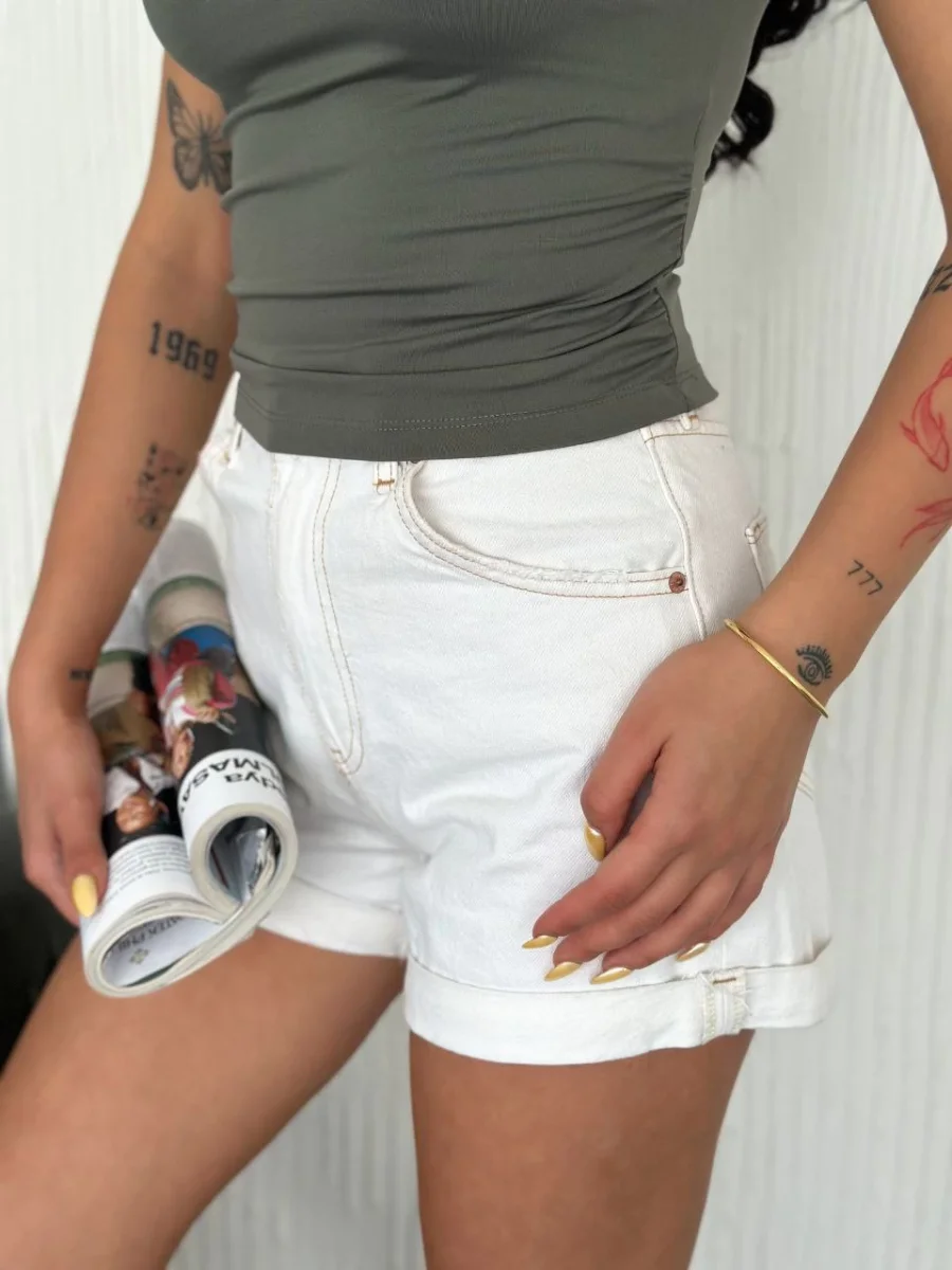 Osy Modal Yumuşak Dokulu Kumaş Bisiklet Yaka   Sıfır Kol Bluz Omuz Toka Aksesuar Detaylı - Haki -