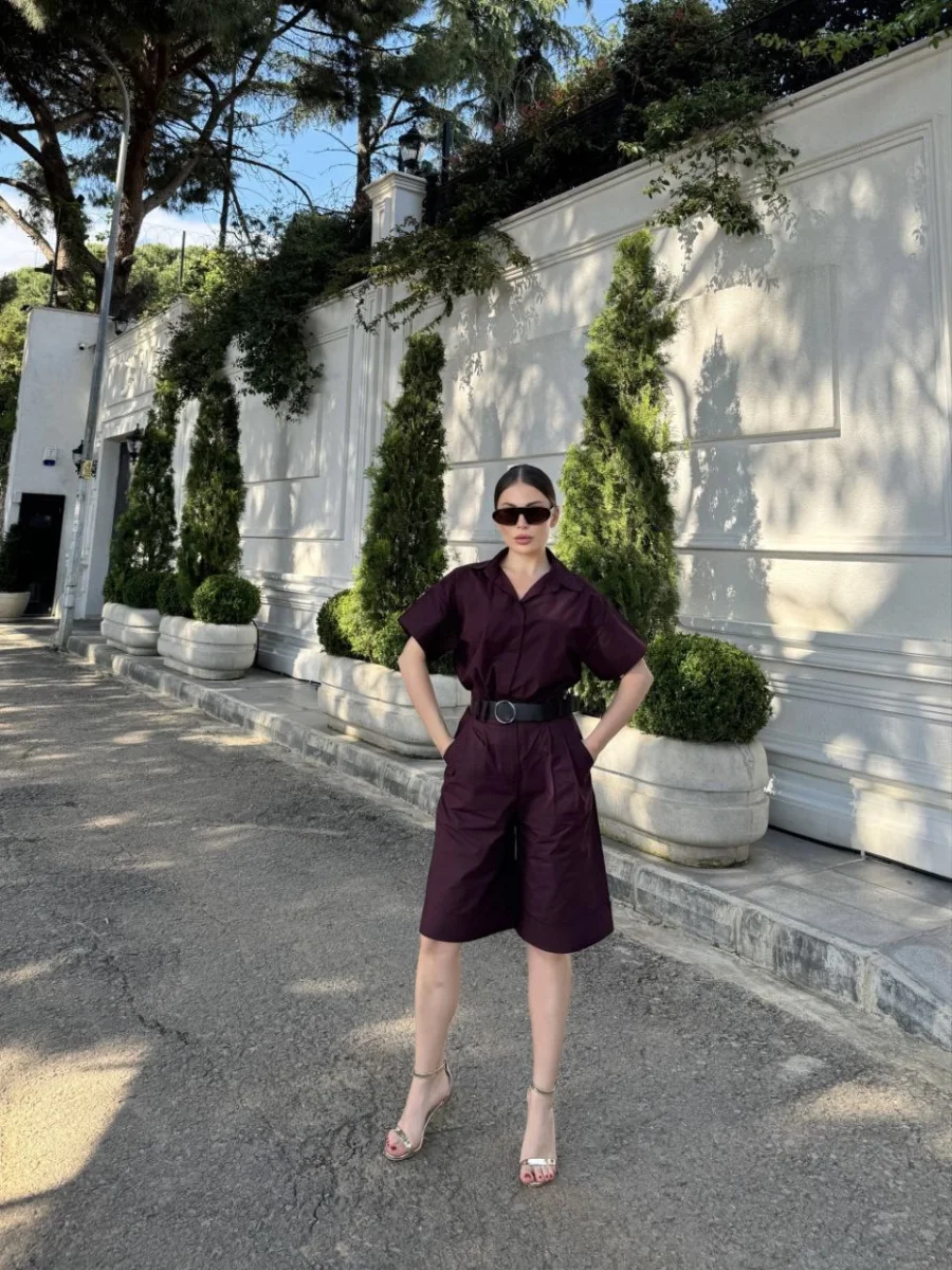 Yakalı Gömlek Kemerli Şortlu Takım - Bordo -