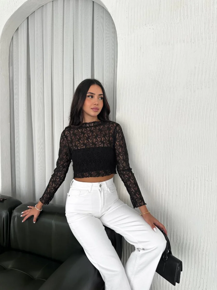 Dantel Uzun Kol Bluz- Siyah -