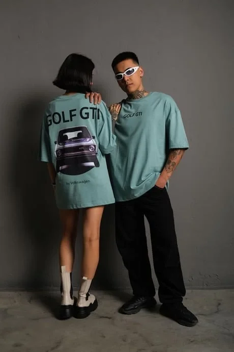 Oversize Golf GTI Retro Araba Desenli, Ön  ArkaBaskı, Mint Yeşili -