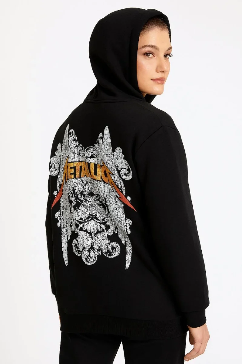 Metallica İki İplik Kapüşonlu Ön ve Arka Baskılı hoodie - Siyah -